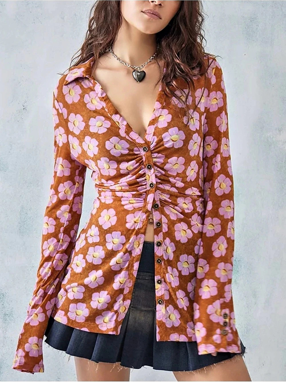Free People Floral Ruched Blouse Orange & Pink XS